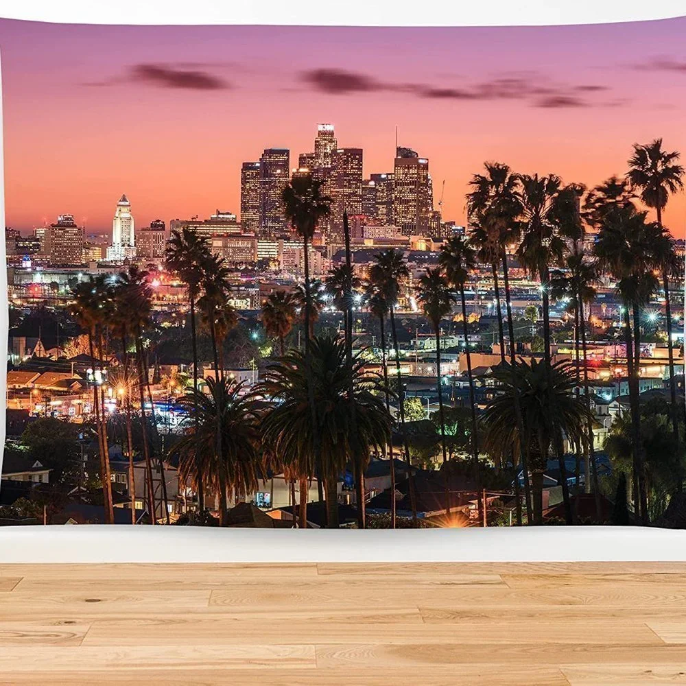 Los Angeles Pink Sunset City Skyline Cityscape Indoor/Outdoor Decor Tapestry